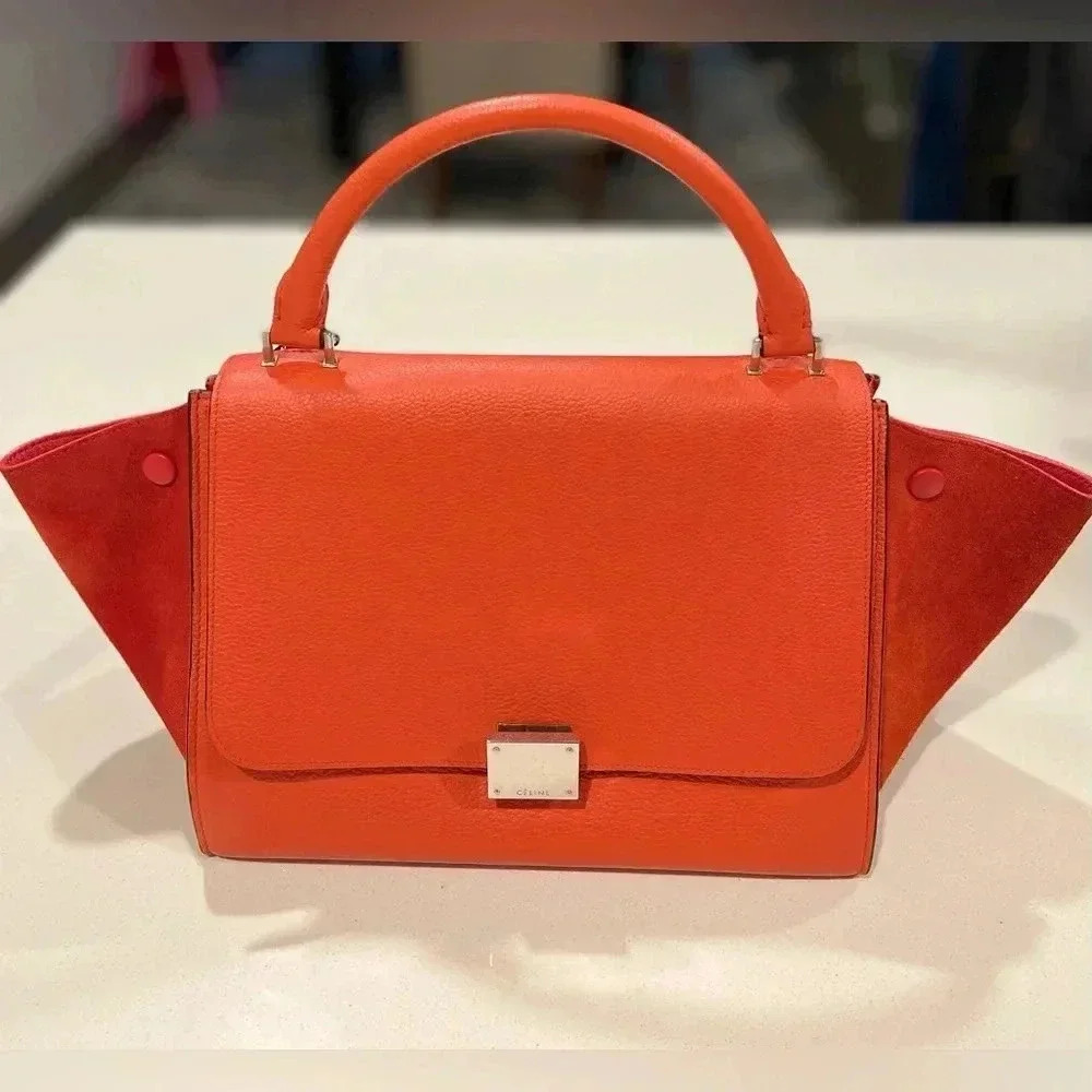 Celine Medium Trapeze Bag Vermillion Coral Red Top Handle Purse